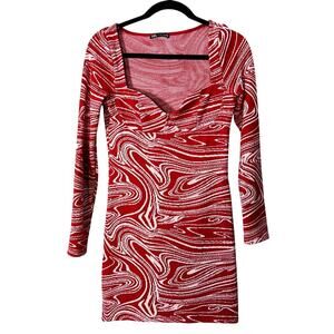 Zara Long Sleeve Sweatheart Neckline Bodycon Mini Dress Marble Print L Red White